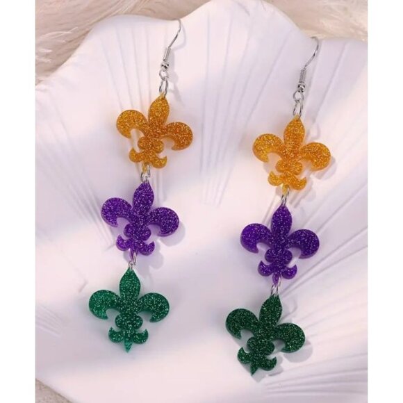 Mardi Gras Fleur-De-Lis Dangle‎ Earrings NEW - Picture 1 of 2